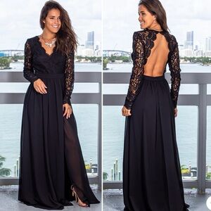 Lulu's Black Lace Long Sleeve Open-Back Maxi Dress